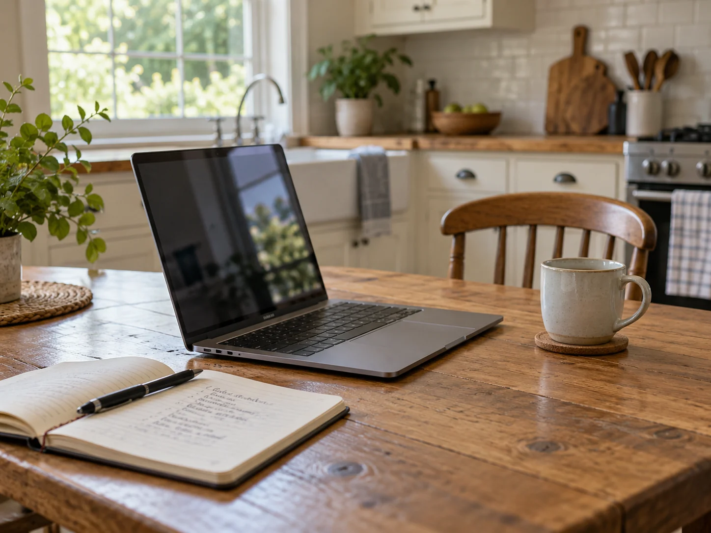 Laptop and notebook on a kitchen table, ready for a consultation