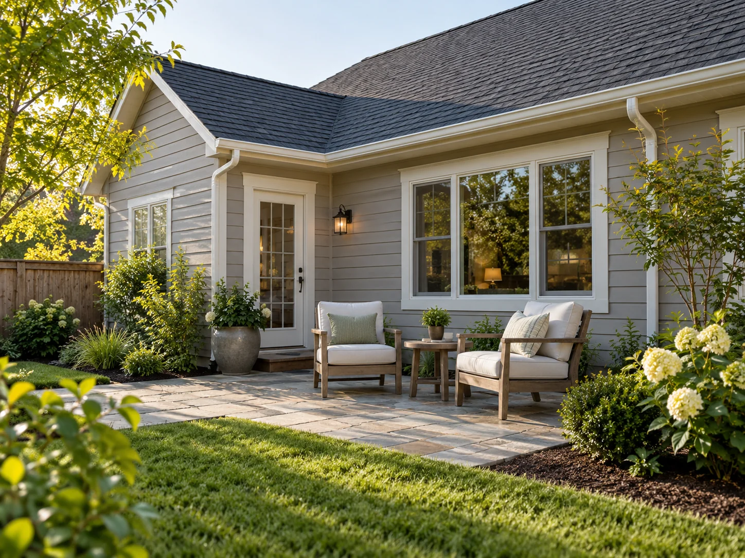 Quiet backyard patio beside a home with a finished shingle roof
