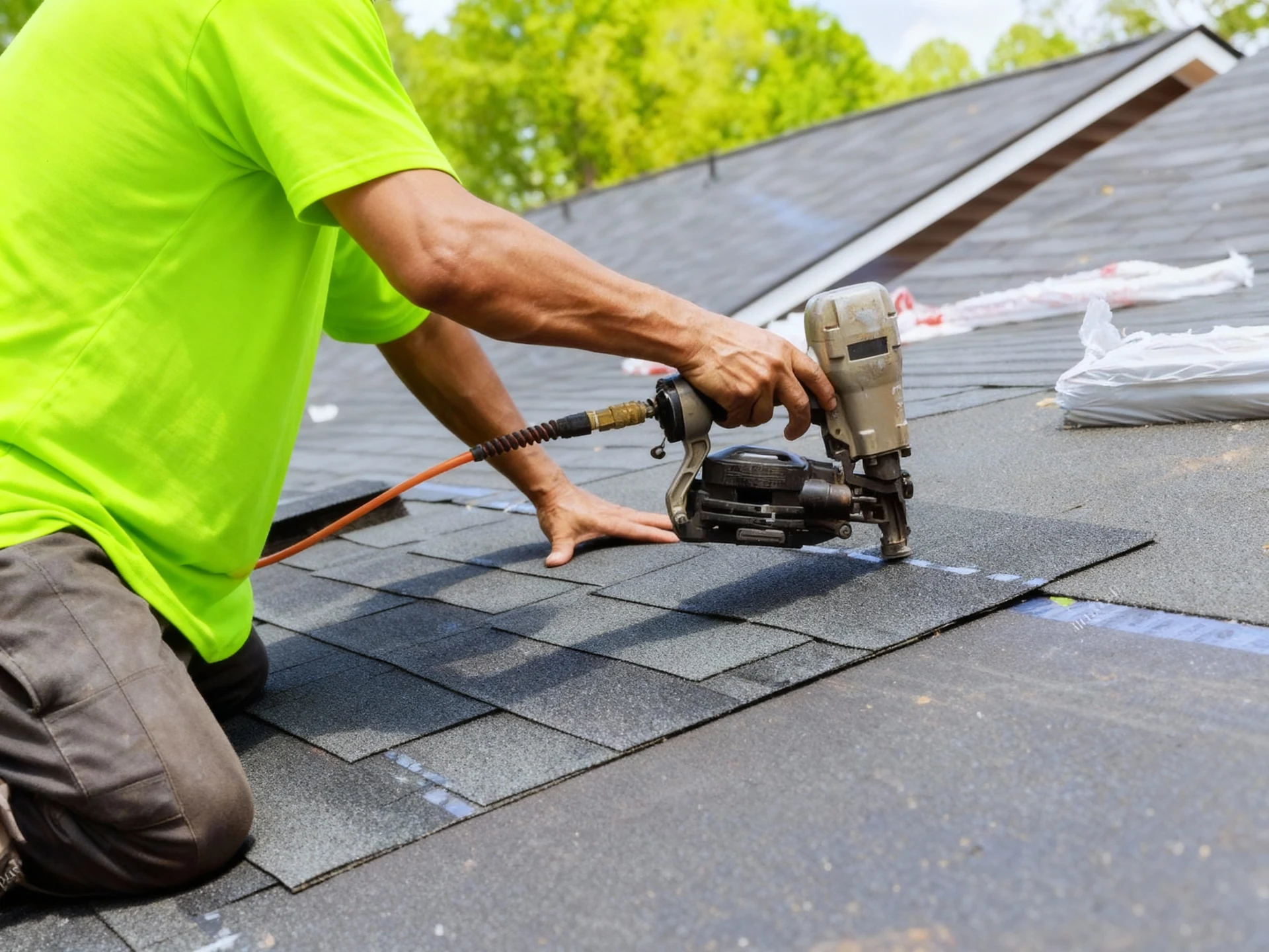 Roof installer securing shingles with a nail gun