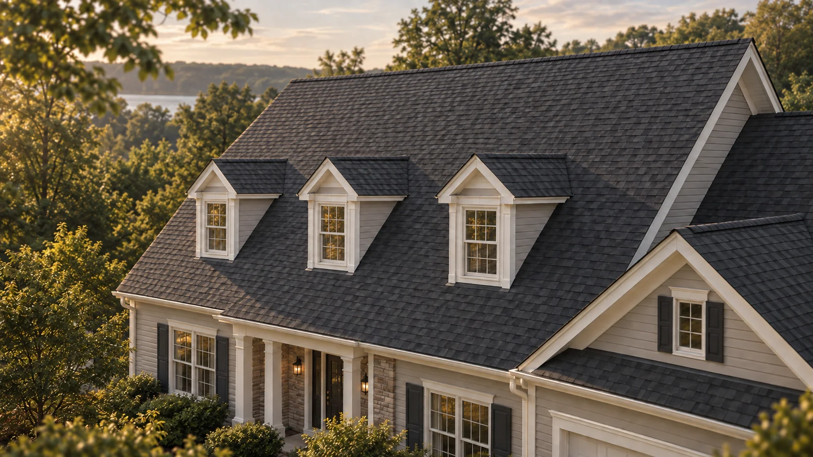 Charcoal shingle roof with three white dormers