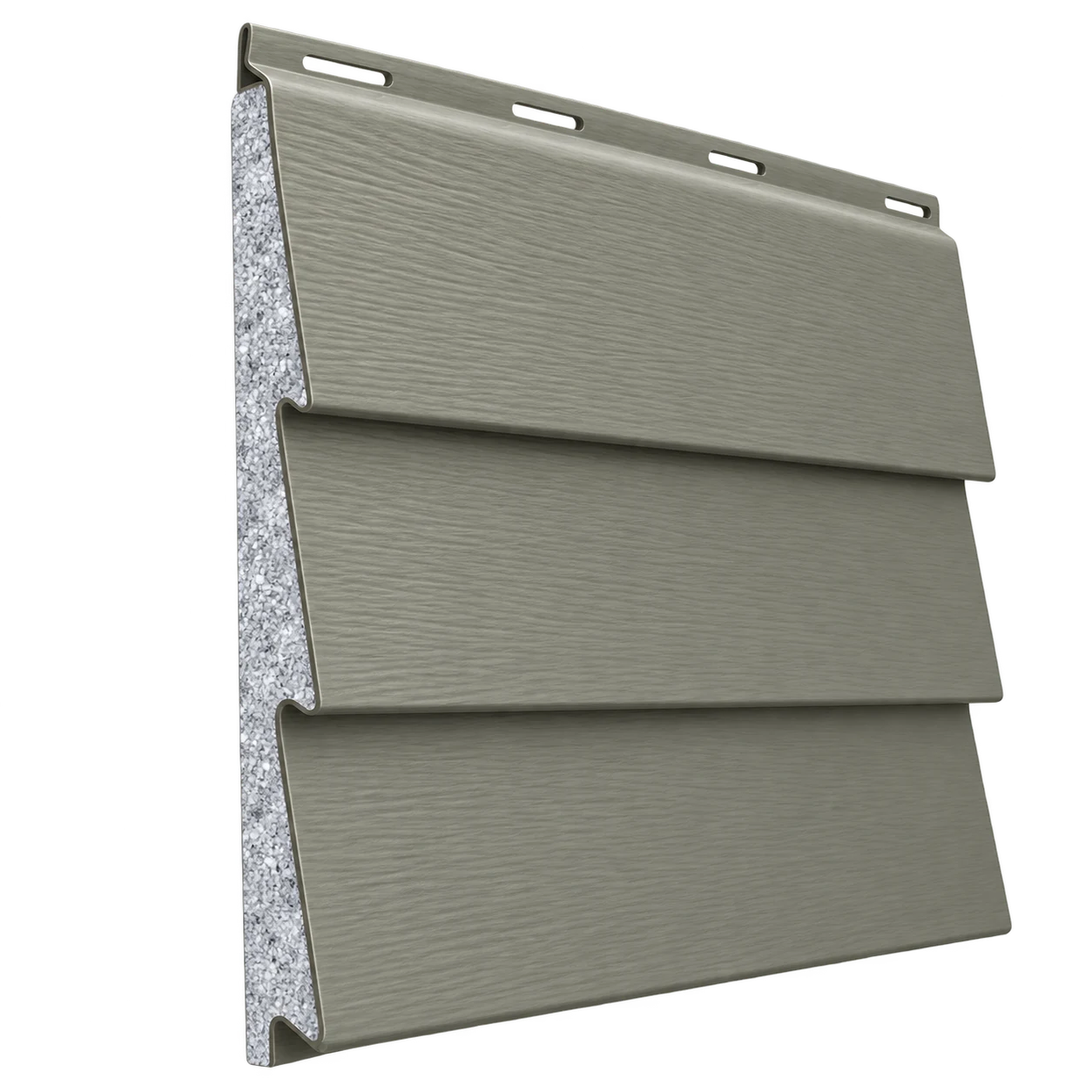 Illustrative foam-backed lap siding cutaway based on CraneBoard, showing the vinyl face and contoured insulation