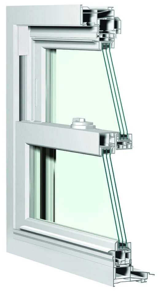 Simonton 5500 window cutaway showing triple-pane glass, insulating spaces, spacer, vinyl frame, and welded corners